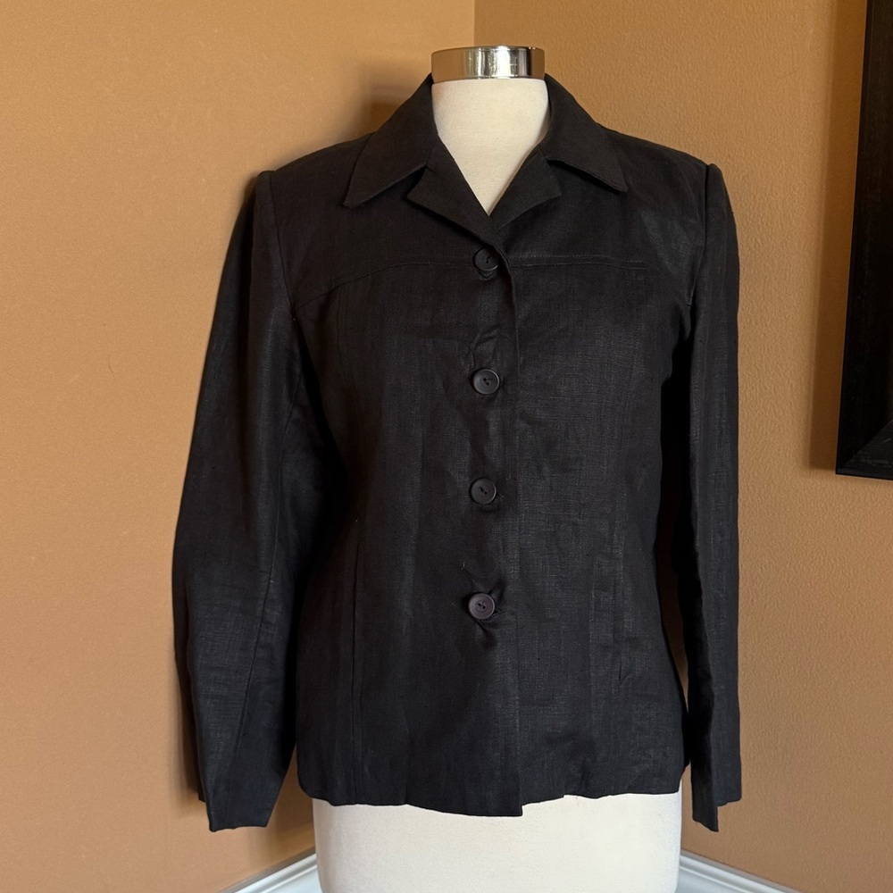 Vintage Sandro Black 100% Linen Button Front Jacket Petite 8P